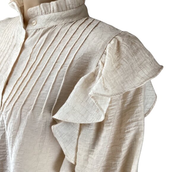 MNG Mango Lyocell Blouse Top Size Small Beige Ruffle Shoulder Long‎ Sleeve - Picture 8 of 10